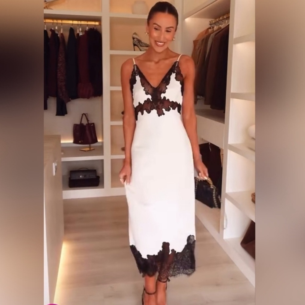H&M White Midi Slip Dress with Black Lace Trim